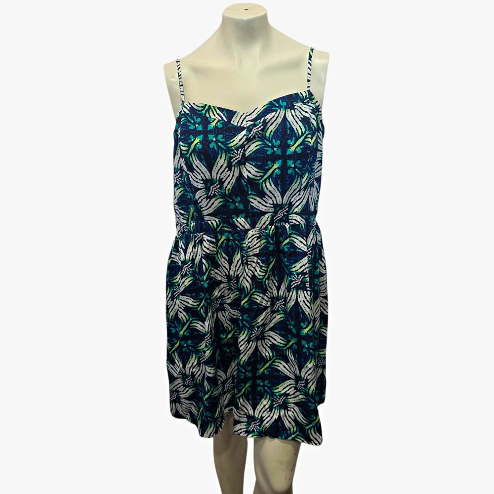 Gap Size 18 Blue Green Floral Fit Flare Dress Smocked Back Spaghetti Strap Cami